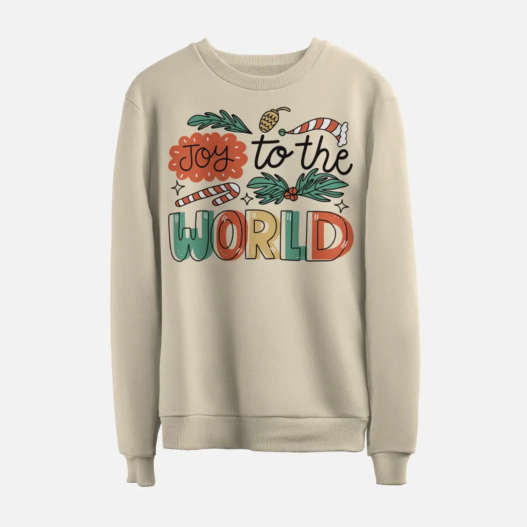 Joy to the World Festive Christmas Sweatshirt (Bone, S)