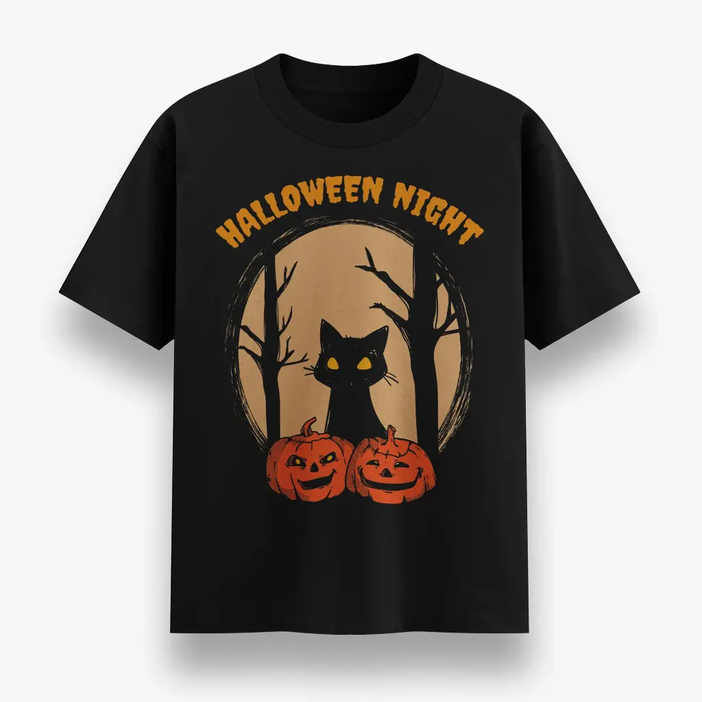 Halloween Night Black Cat & Pumpkin T-shirt (S)