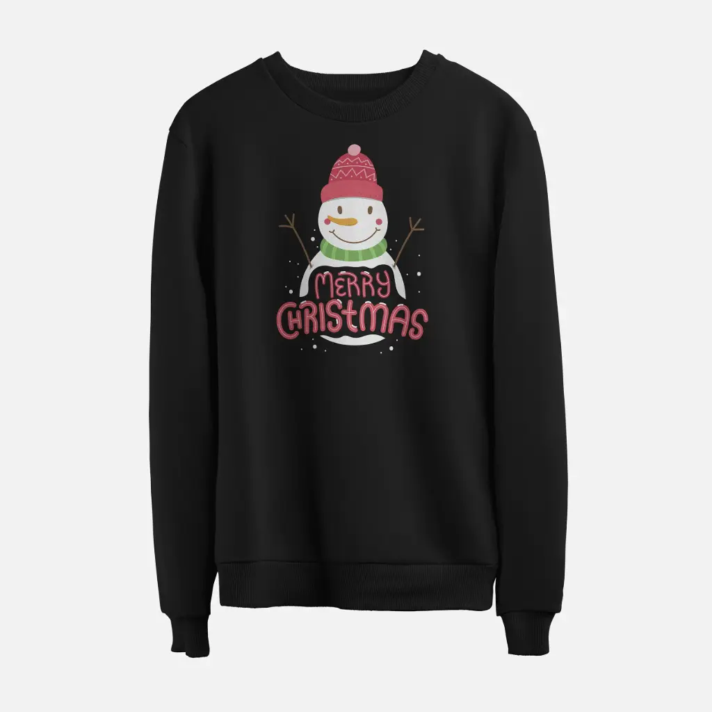 Merry Christmas Snowman Sweatshirt (Black, S)