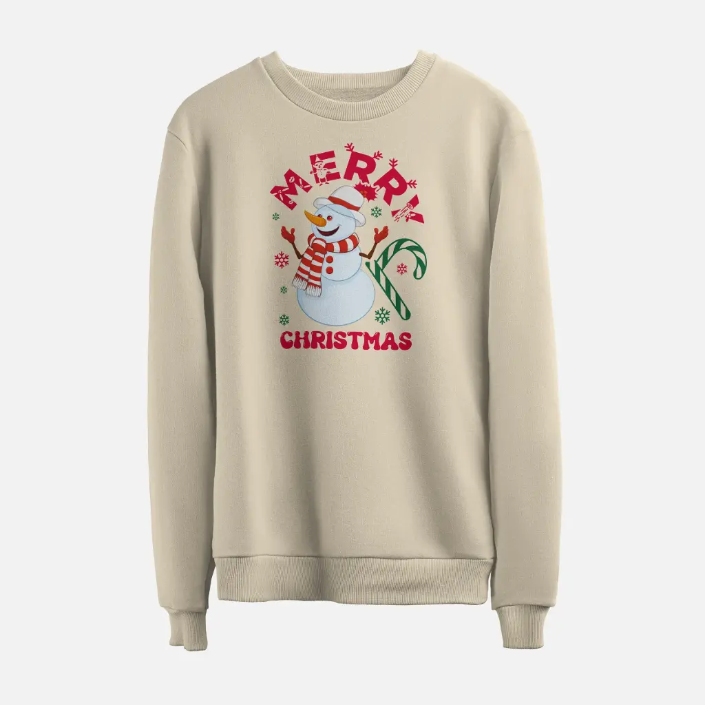 Cheerful Holiday Christmas Snowman Sweatshirt (Bone, S)